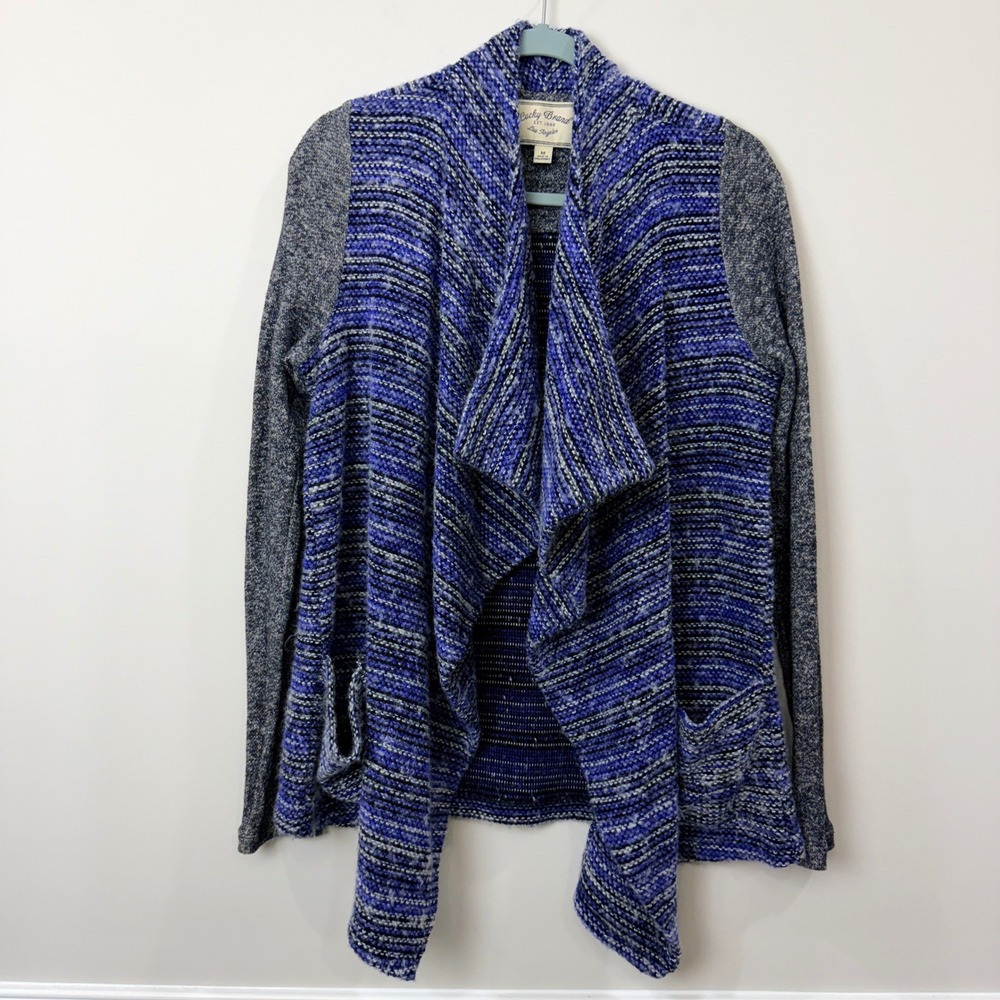Lucky Brand Women Medium Cardigan Blue Mixed Knit Draped Open Front Wool Boho